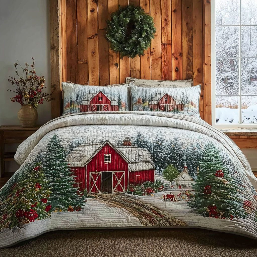 Homestead View quilted 3-piece bedding set on a made bed in a rustic timber bedroom