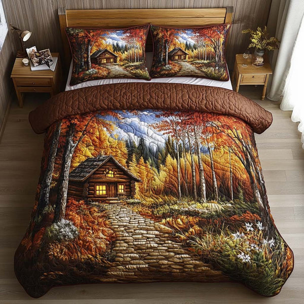 Homestead Warmth quilted 3-piece bedding set on a made bed in a rustic timber bedroom