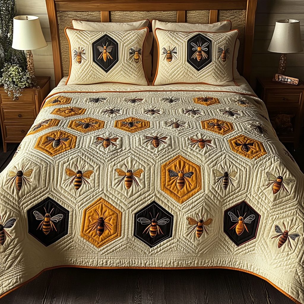 Honey Bee Dreams quilted 3-piece bedding set on a made bed with two matching pillow shams