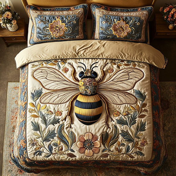 Honey Bee quilted 3-piece bedding set on a made bed with two matching pillow shams