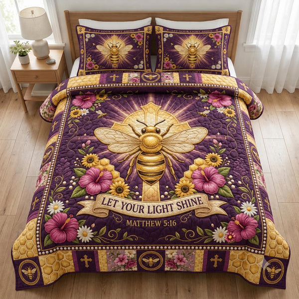 Honey Bloom quilted 3-piece bedding set on a made bed with two matching pillow shams