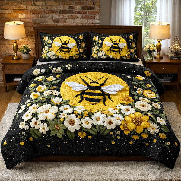 Honey Buzz quilted 3-piece bedding set on a made bed with two matching pillow shams