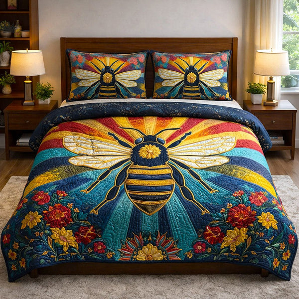 Honey Buzz quilted 3-piece bedding set on a made bed with two matching pillow shams