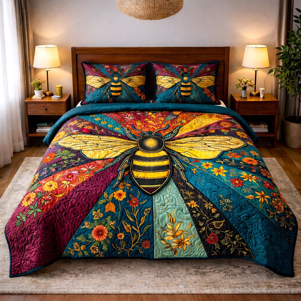 Honey Buzz quilted 3-piece bedding set on a made bed with two matching pillow shams