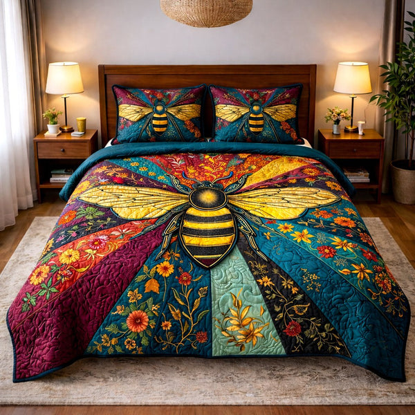 Honey Buzz quilted 3-piece bedding set on a made bed with two matching pillow shams