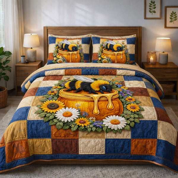 Honey Buzz quilted 3-piece bedding set on a made bed with two matching pillow shams