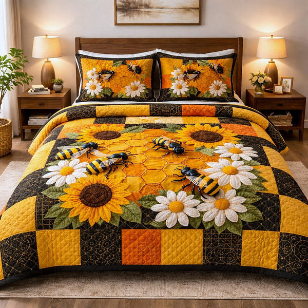 Honey Buzz quilted 3-piece bedding set on a made bed with two matching pillow shams