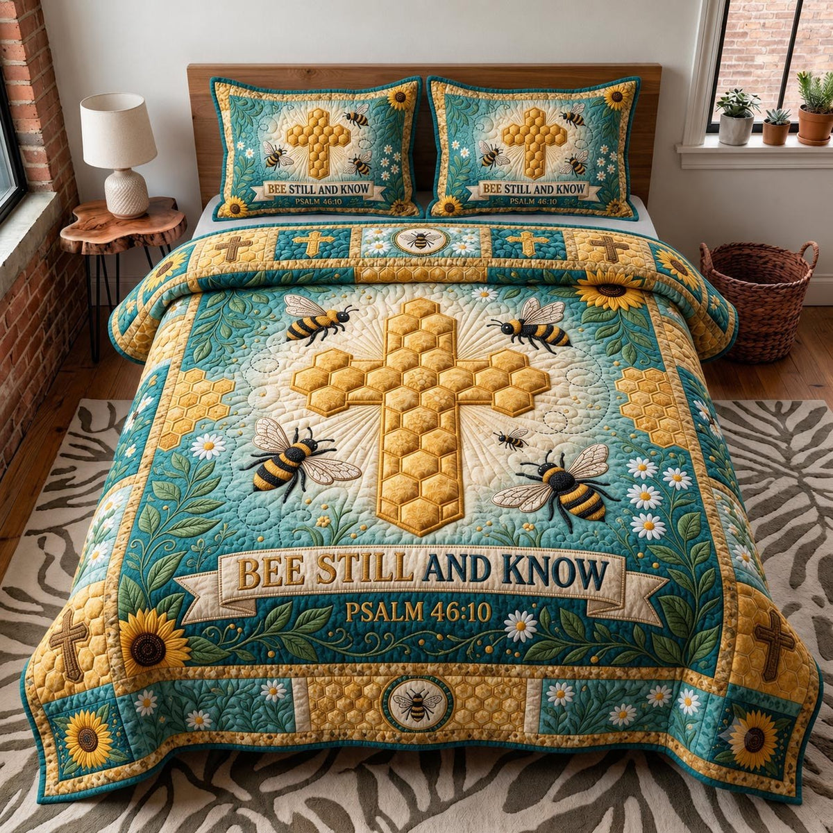 Honey Garden quilted 3-piece bedding set on a made bed with two matching pillow shams