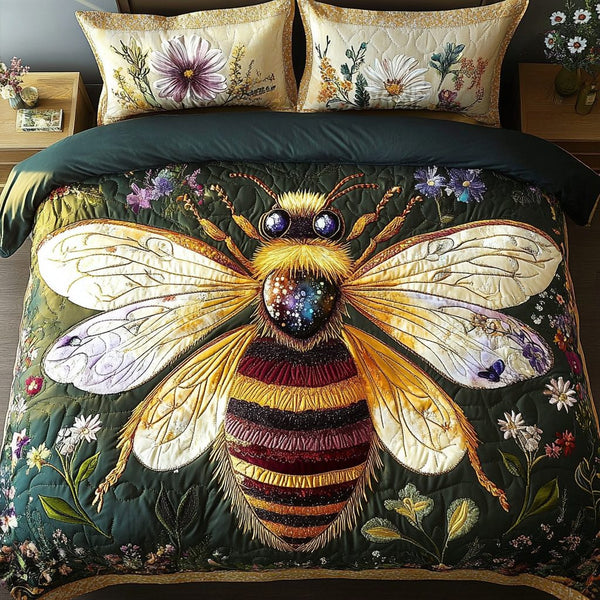 Honey Glow quilted 3-piece bedding set on a made bed with two matching pillow shams