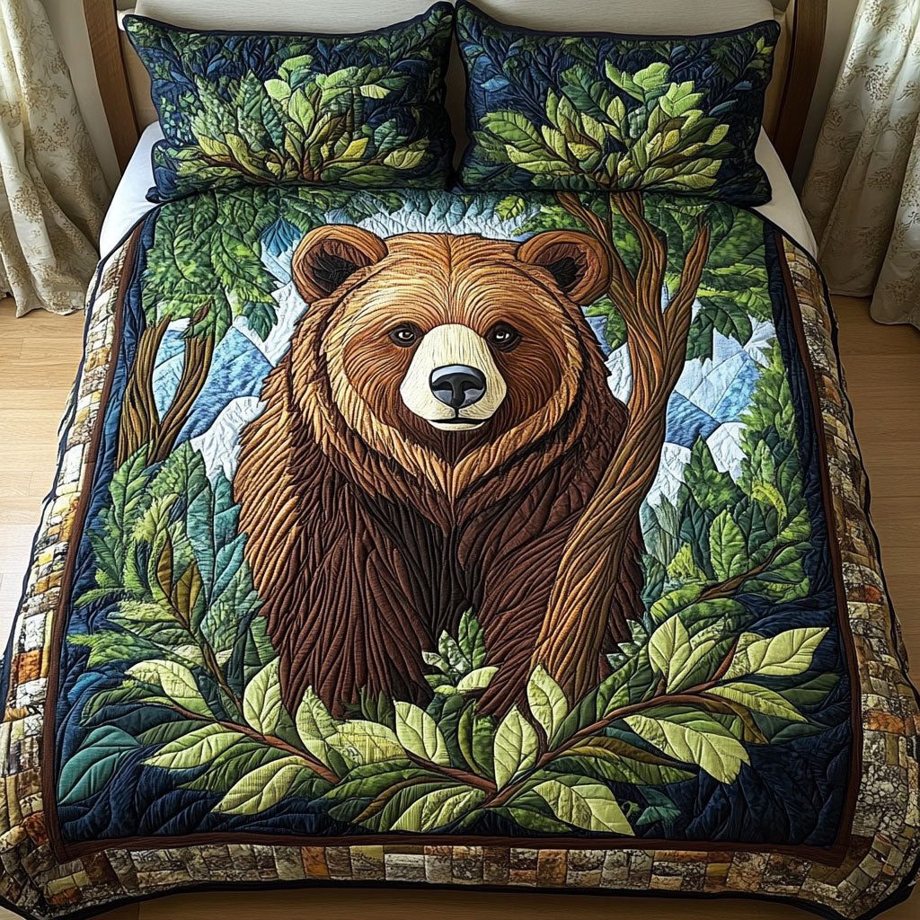 Honey Roamer quilted 3-piece bedding set on a made bed with two matching pillow shams
