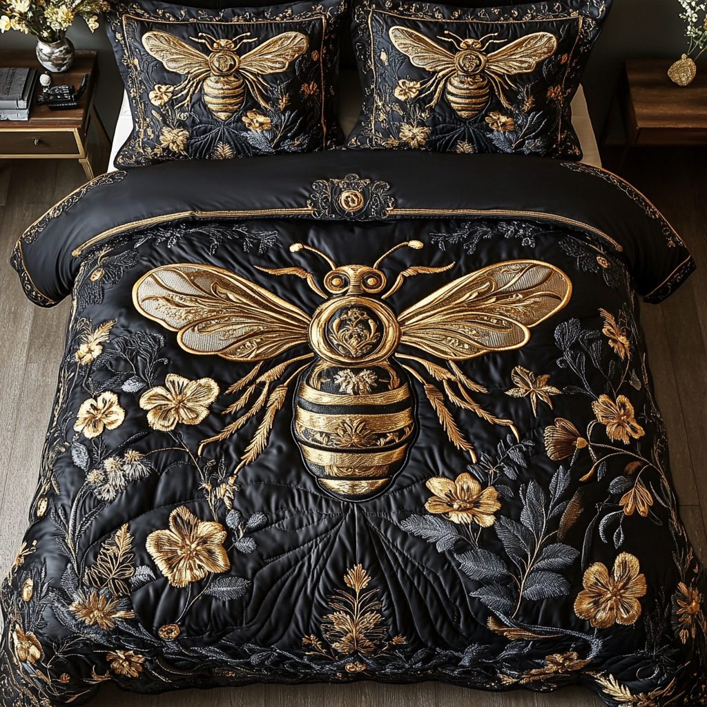 Honey Trail Whimsy quilted 3-piece bedding set on a made bed with two matching pillow shams
