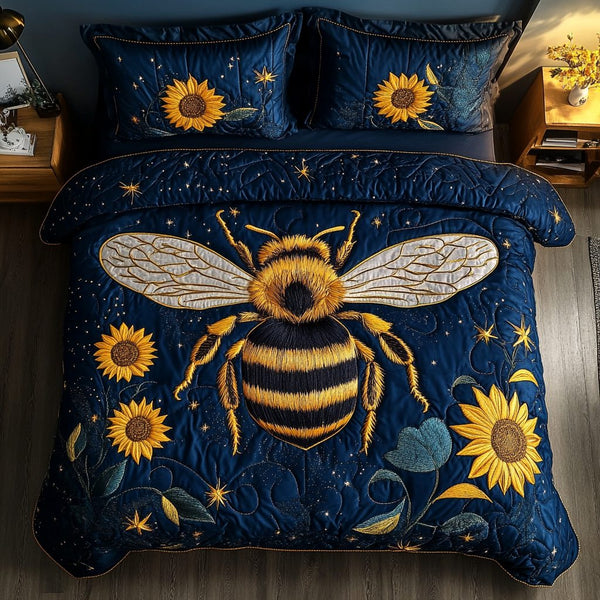 Honey Wings quilted 3-piece bedding set on a made bed with two matching pillow shams