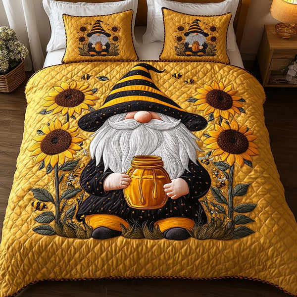 Honey Wizard quilted 3-piece bedding set on a made bed with two matching pillow shams
