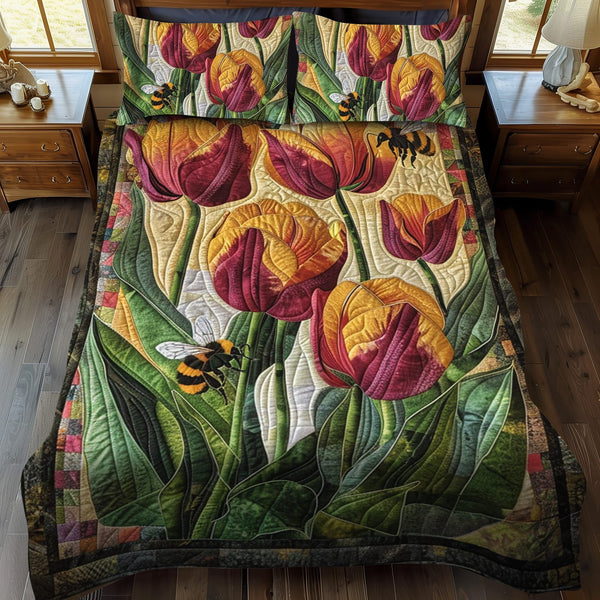 Honeybee Flower Garden quilted 3-piece bedding set on a made bed with two matching pillow shams