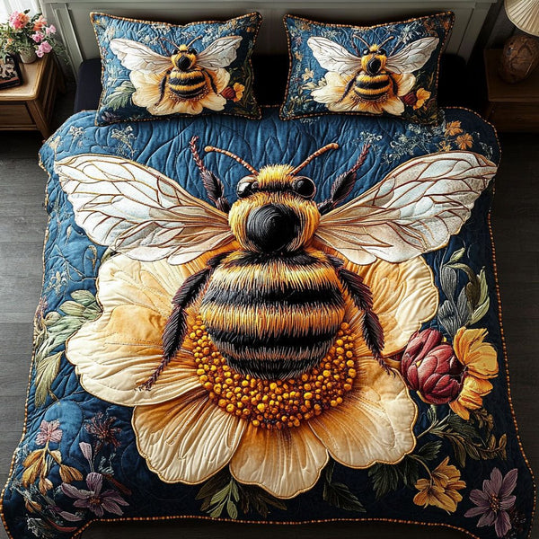 Honeycomb Beauty quilted 3-piece bedding set on a made bed with two matching pillow shams