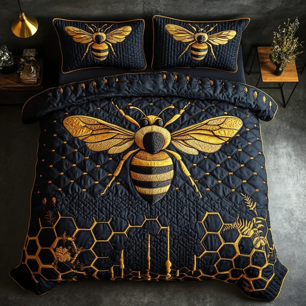 Honeycomb Harmony quilted 3-piece bedding set on a made bed with two matching pillow shams