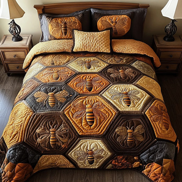 Honeycomb Harmony quilted 3-piece bedding set on a made bed with two matching pillow shams