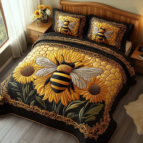 Honeycomb Haven quilted 3-piece bedding set on a made bed with two matching pillow shams