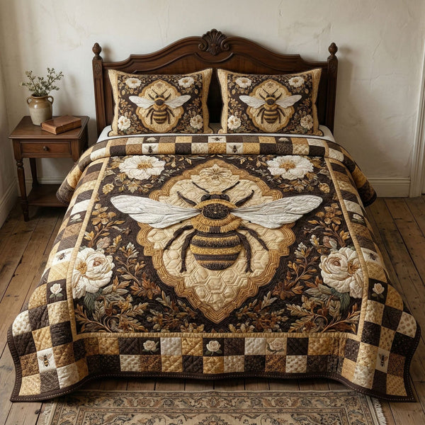 Honeycomb Heirloom quilted 3-piece bedding set on a made bed with two matching pillow shams