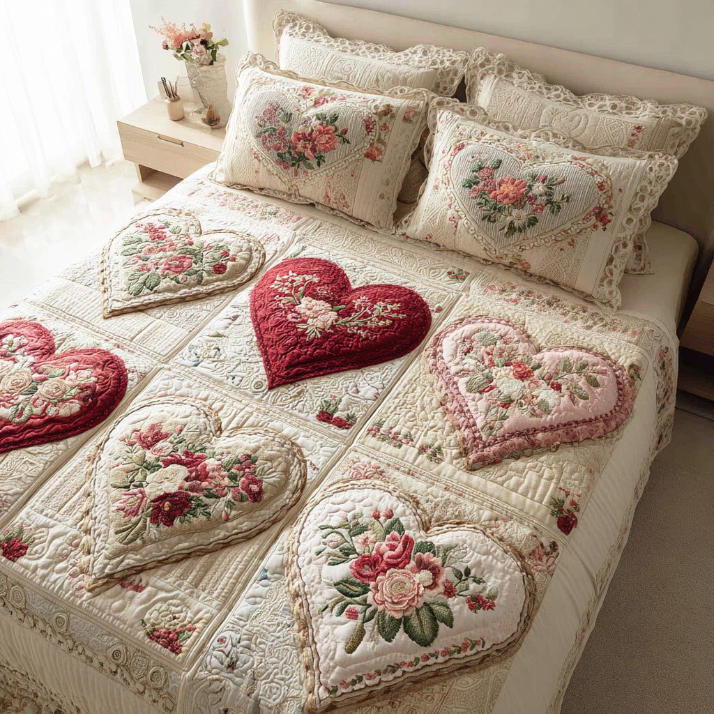 Honeylace Harmony quilted 3-piece bedding set on a made bed with two matching pillow shams