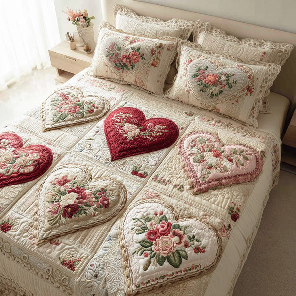 Honeylace Harmony quilted 3-piece bedding set on a made bed with two matching pillow shams
