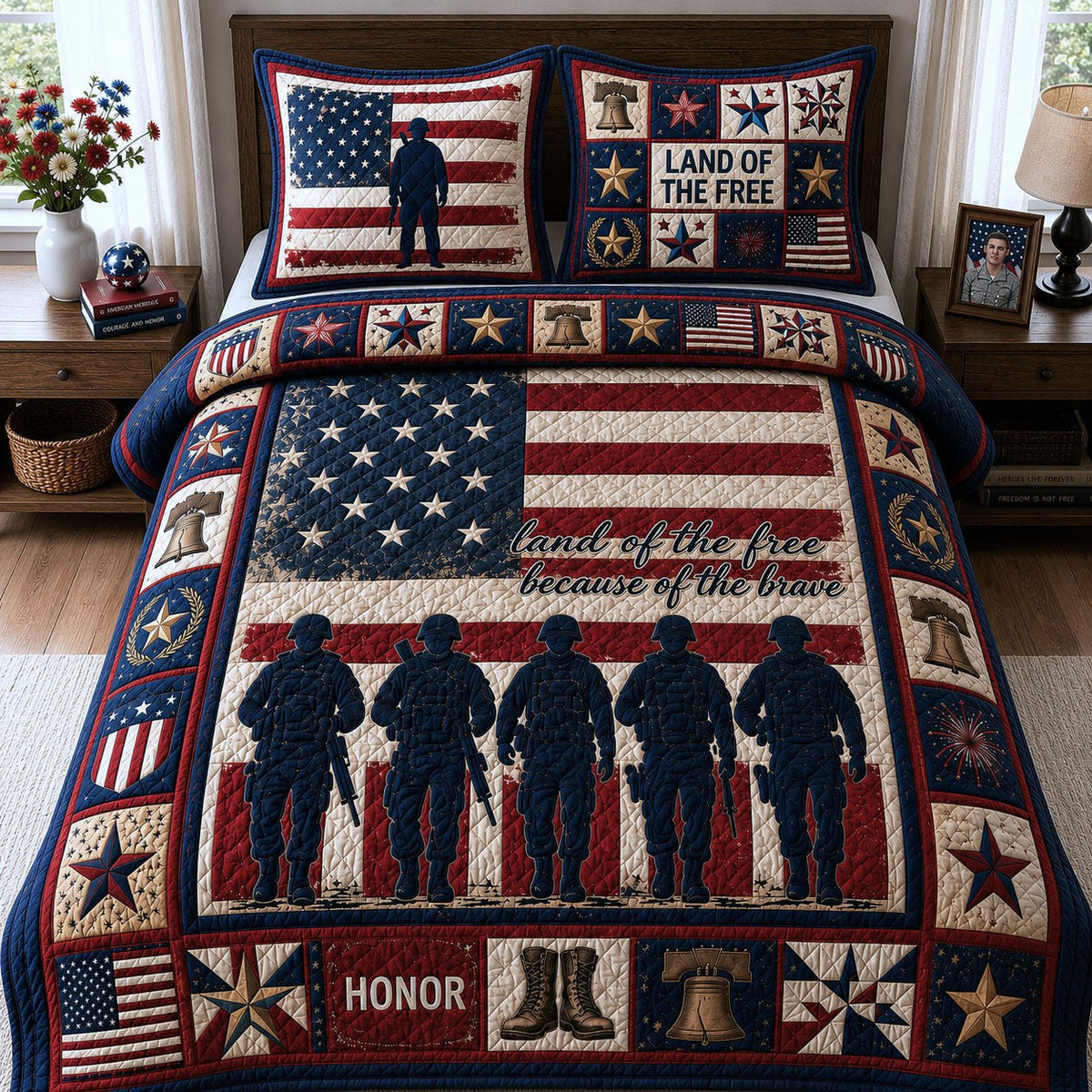 Honor And Remember Veterans quilted 3-piece bedding set on a made bed in a warmly lit bedroom