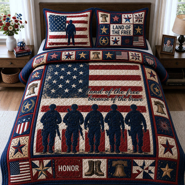 Honor And Remember Veterans quilted 3-piece bedding set on a made bed in a warmly lit bedroom