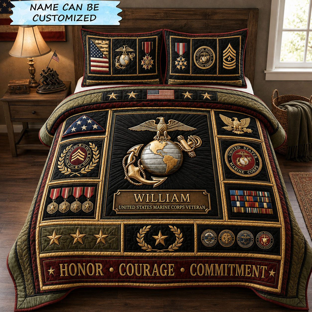 Honor Courage Commitment quilted 3-piece bedding set on a made bed in a warmly lit bedroom