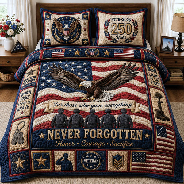Honor Courage Sacrifice quilted 3-piece bedding set on a made bed in a warmly lit bedroom