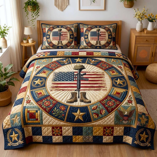 Honor Garden quilted 3-piece bedding set on a made bed in a warmly lit bedroom