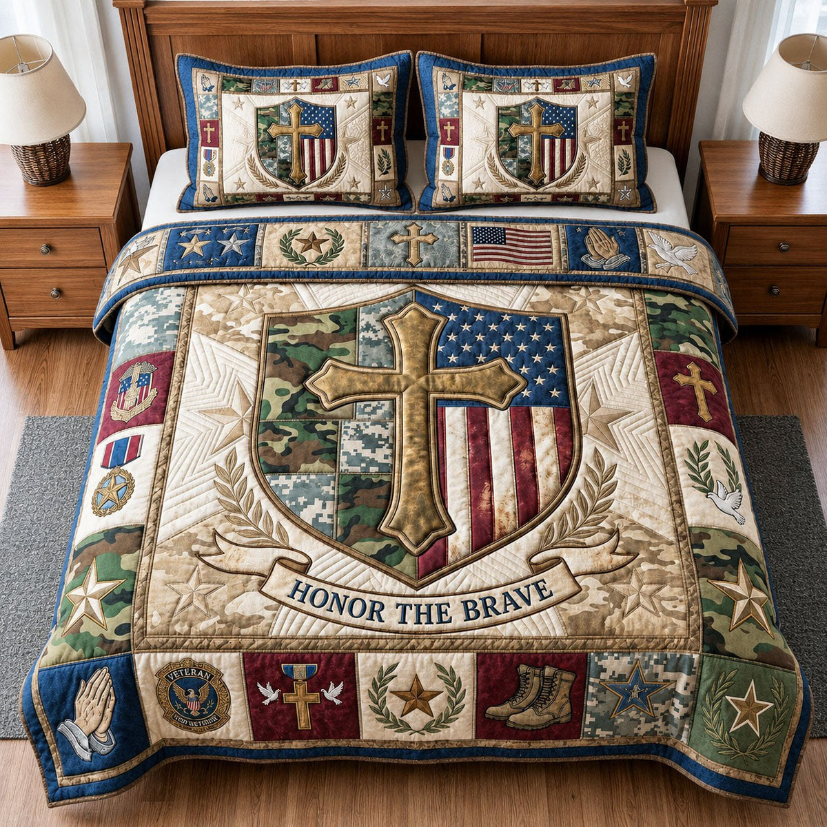 Honor The Brave quilted 3-piece bedding set on a made bed in a warmly lit bedroom