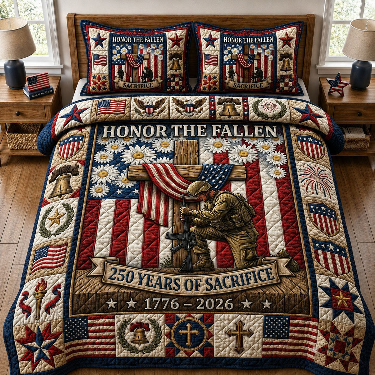 Honor The Fallen quilted 3-piece bedding set on a made bed in a warmly lit bedroom