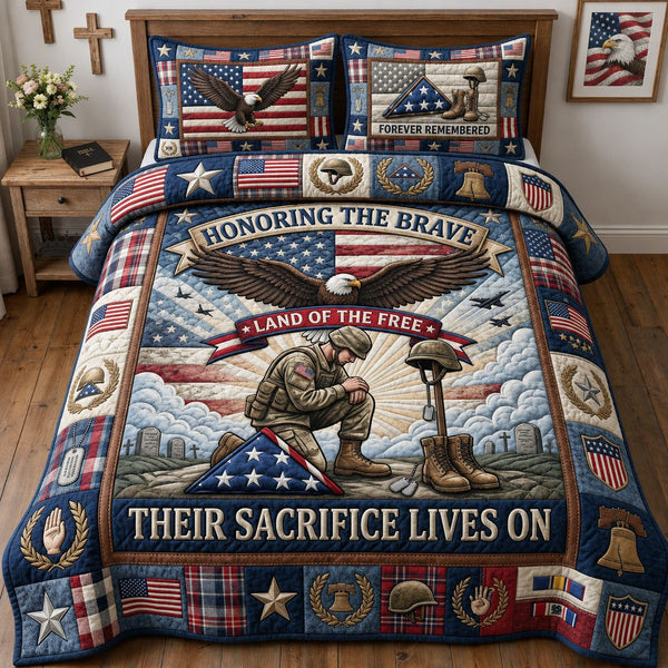 Honoring The Brave quilted 3-piece bedding set on a made bed with two matching pillow shams
