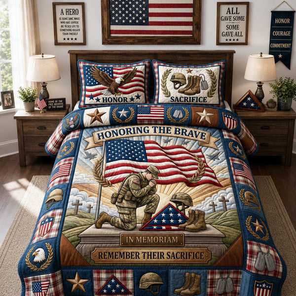 Honoring The Brave quilted 3-piece bedding set on a made bed with two matching pillow shams