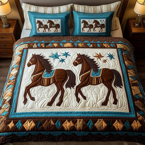 Hoof Haven quilted 3-piece bedding set on a made bed with two matching pillow shams