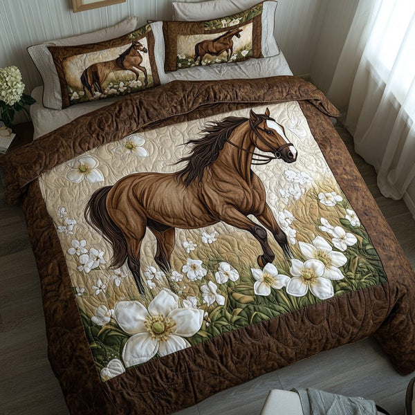 Hoofbeat quilted 3-piece bedding set on a made bed with two matching pillow shams