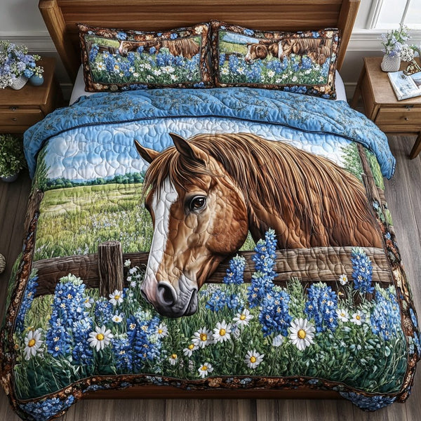 Hoofbeat quilted 3-piece bedding set on a made bed with two matching pillow shams
