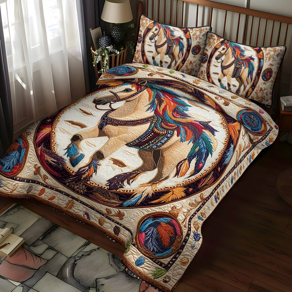 Hoofbeats in Harmony quilted 3-piece bedding set on a made bed with two matching pillow shams