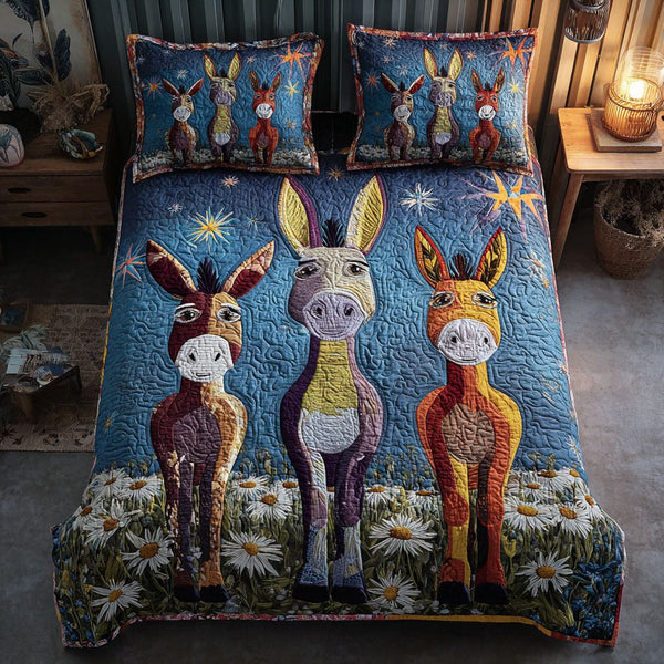 Hoofbeats of Independence quilted 3-piece bedding set on a made bed in a warmly lit bedroom
