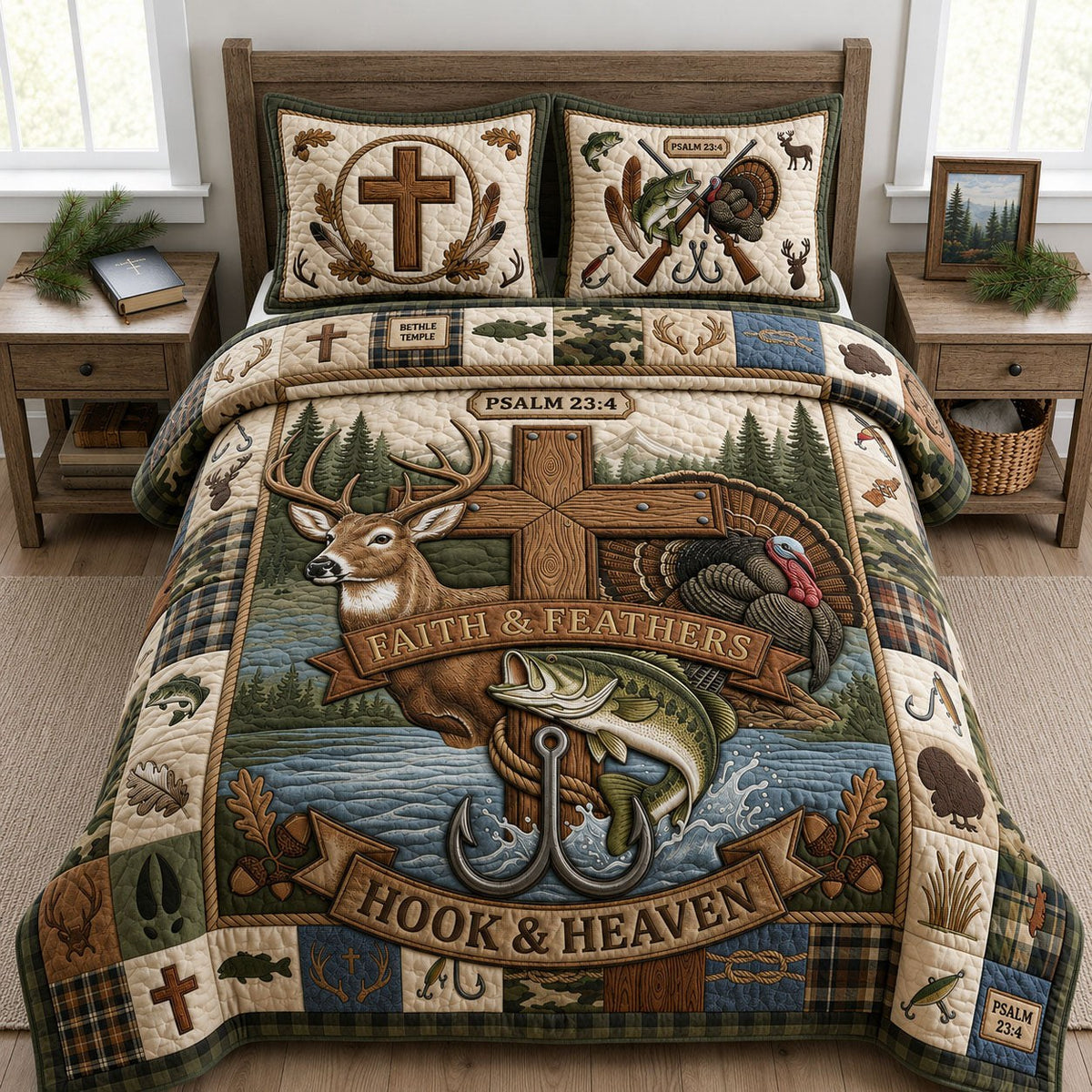 Hook And Heaven quilted 3-piece bedding set on a made bed in a softly lit bedroom