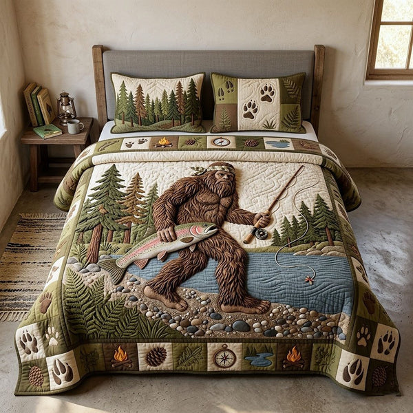 Hook Life quilted 3-piece bedding set on a made bed with two matching pillow shams