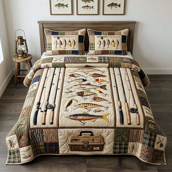 Hook Life quilted 3-piece bedding set on a made bed with two matching pillow shams