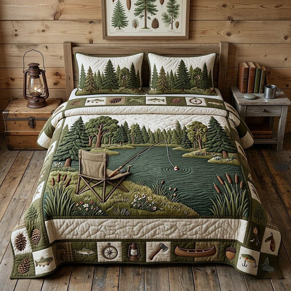 Hook Life quilted 3-piece bedding set on a made bed with two matching pillow shams