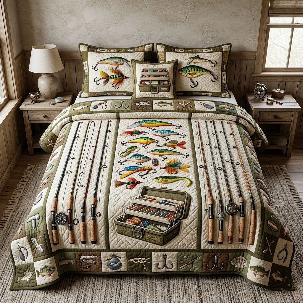 Hook Life quilted 3-piece bedding set on a made bed with two matching pillow shams