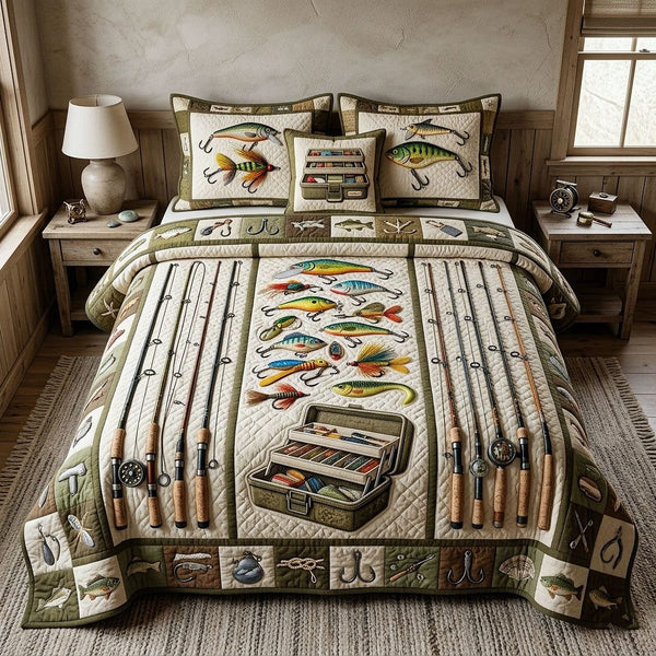 Hook Life quilted 3-piece bedding set on a made bed with two matching pillow shams