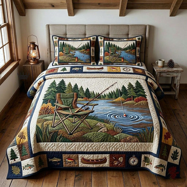 Hook Life quilted 3-piece bedding set on a made bed with two matching pillow shams