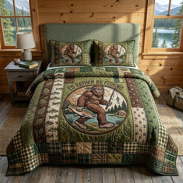 Hook Life quilted 3-piece bedding set on a made bed with two matching pillow shams