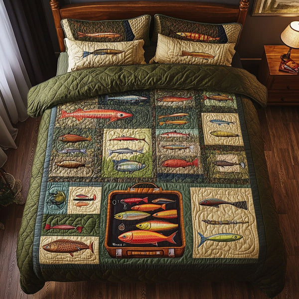 Hook Line Nap Time quilted 3-piece bedding set on a made bed with two matching pillow shams