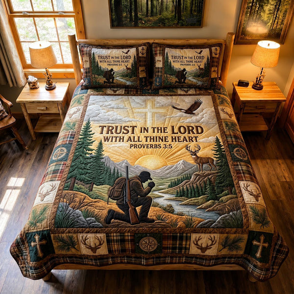 Hooked Faith quilted 3-piece bedding set on a made bed in a softly lit bedroom