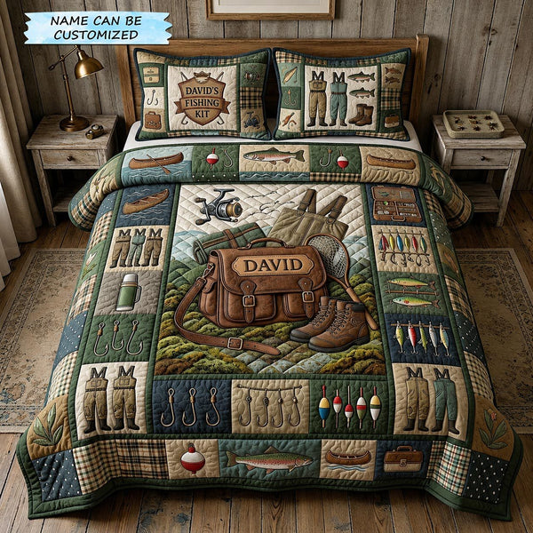 Hooked Life 3-Piece Quilted Bedding Set quilted 3-piece bedding set on a made bed with two matching pillow shams